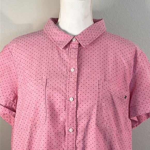 TOMMY HILFIGER 2XL Cotton Pink with black polka Dot Short Sleeve Camp Shirt - Picture 3 of 14